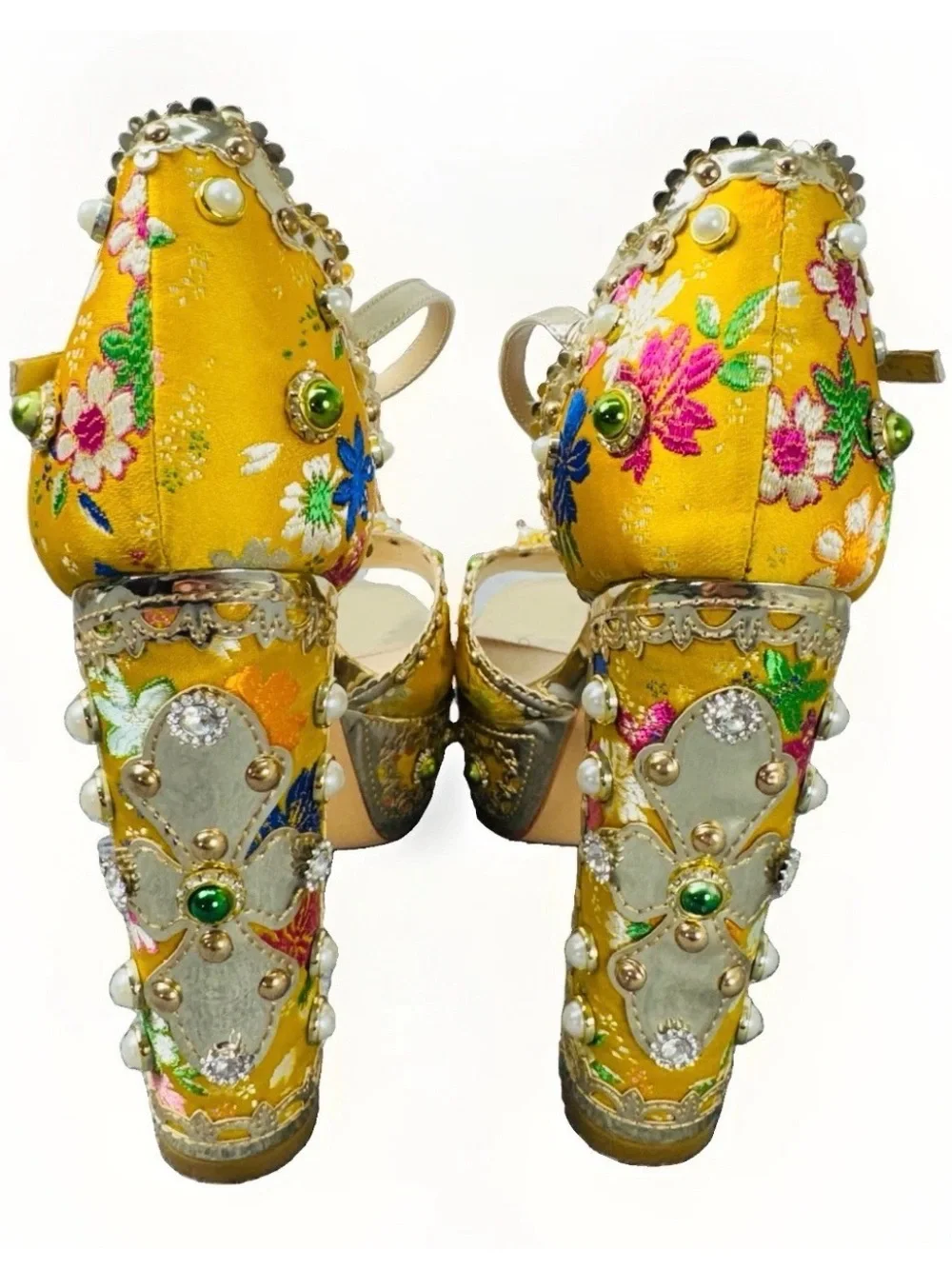 Azalea Wang Cici Yellow Gold Jeweled Baroque Platform Heels